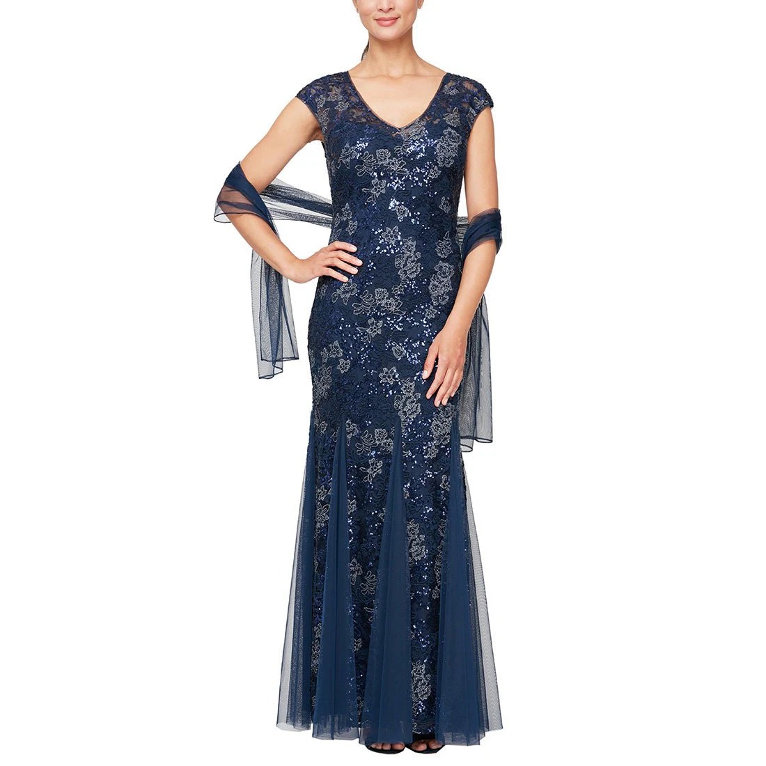 Nwt $269 Alex Evenings [ 10p ] Sequin Embroidered Trumpet Gown Navy Blue Q1200 — image 2 of 8